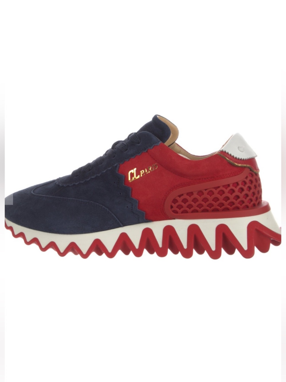 Christian Louboutin Red and Navy Suede Zigzag Sole Sneakers